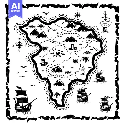 Aset desain premium: Black and White Illustration of a Pirate Treasure Map