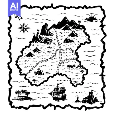 Aset premium populer: Black and White Treasure Map with Ship, Islands, and a Compass