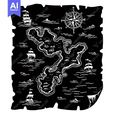 Popular premium asset: A Black and White Hand-Drawn Pirate Treasure Map with an Island, Ships