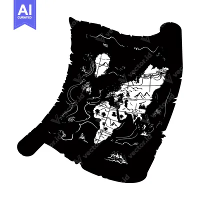 Aset desain premium: Black and White Silhouette of a Rolled-Up Treasure Map