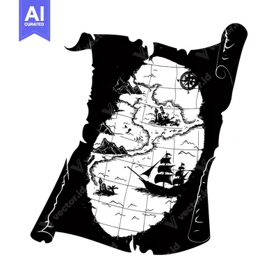 A Black and White Illustration of a Rolled-Up Treasure Map with a Ship