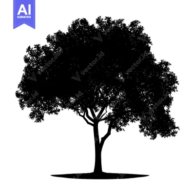 Aset desain premium: Silhouette of a tree with thick foliage and a thick trunk