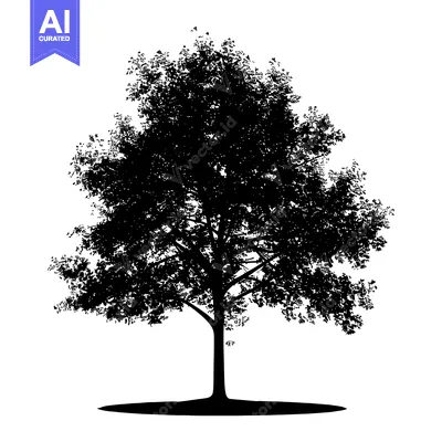Aset desain premium: Black Silhouette of a Large, Leafy Tree with Branches and Trunk