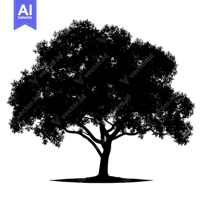 Aset premium populer: Black Silhouette of a Large Deciduous Tree with a Thick Trunk and Lush