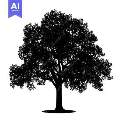 Aset premium populer: Black and White Silhouette of a Large Tree with a Thick Trunk and Many