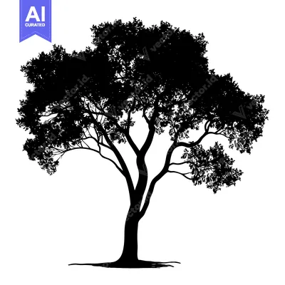 Aset premium populer: Black and White Silhouette of a Single Tree with Thick Trunk and Lush