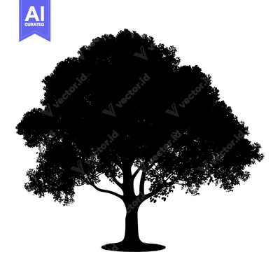 Aset desain premium: Black Silhouette of a Tree with Lush Foliage and a Thick Trunk