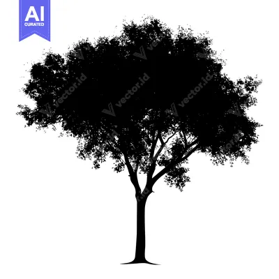 Aset desain premium: A Silhouette of a Tree with Dense Foliage and a Thick Trunk