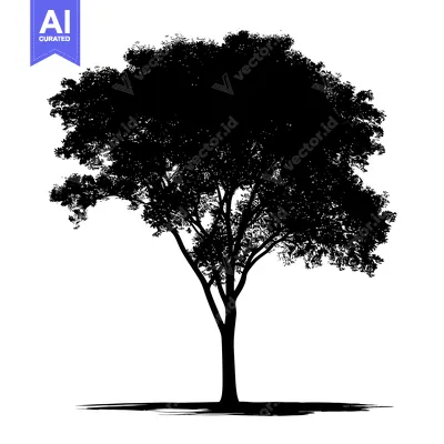 Premium design asset: Silhouette of a large, leafy deciduous tree with a thick trunk and wid