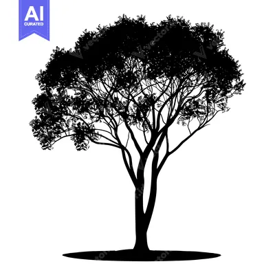 Aset desain premium: Silhouette of a Large Tree with Numerous Branches and Lush Foliage