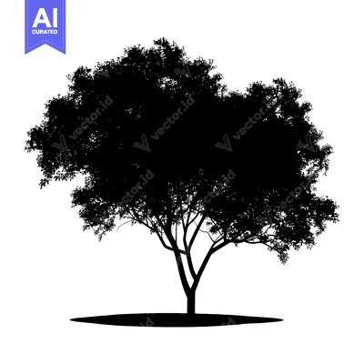 Aset premium populer: Black Silhouette of a Tree with Thick Trunk and Dense Foliage