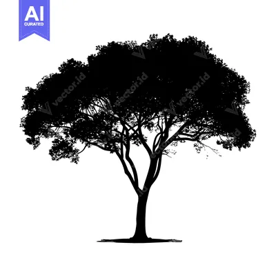 Aset premium populer: Black Silhouette of a Tree with a Thick Trunk and Lush Canopy