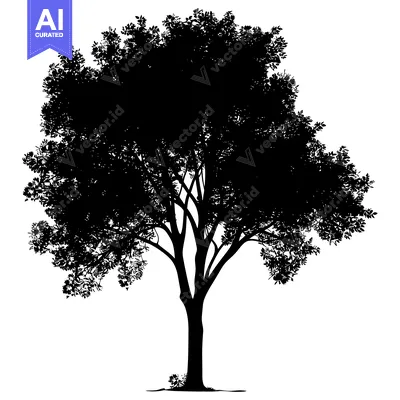 Aset desain premium: Silhouette of a large, leafy tree with a thick trunk