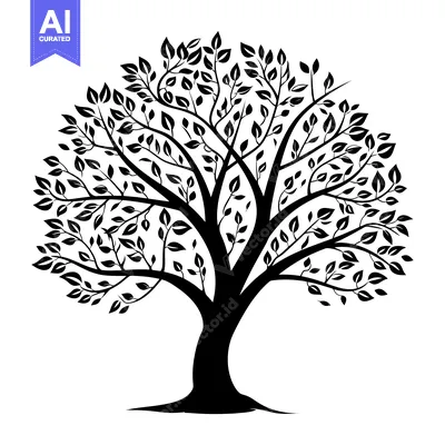 Aset desain premium: Black and White Silhouette of a Tree with Detailed Branches and Leaves