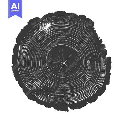 Aset desain premium: Black and White Detailed Illustration of a Tree Trunk Cross Section wi
