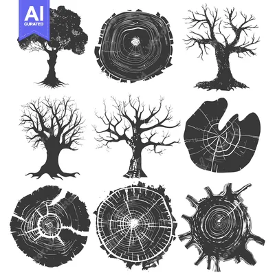Aset desain premium: Hand-drawn Tree Silhouettes and Cross-sections