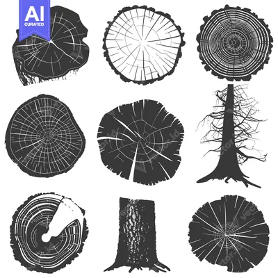 Premium design asset: A collection of black and white illustrations of tree trunks and cross
