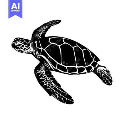Aset desain premium: Black and White Silhouette of a Sea Turtle Swimming