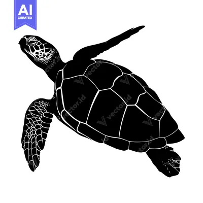 Aset desain premium: Black and white silhouette of a sea turtle swimming