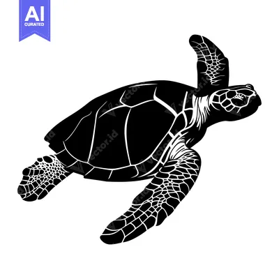 Aset desain premium: Black and White Silhouette of a Sea Turtle Swimming