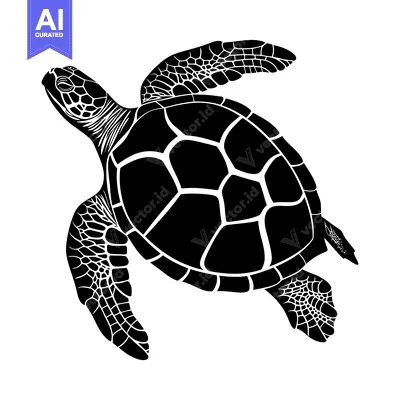 Black and White Silhouette of a Sea Turtle Swimming