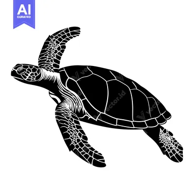 Aset desain premium: Black and White Silhouette of a Swimming Sea Turtle