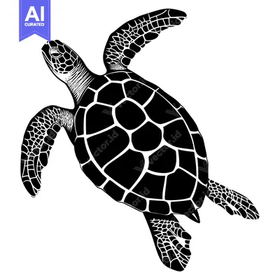 Black and White Silhouette of a Sea Turtle Swimming