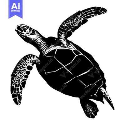 Black and White Silhouette of a Sea Turtle Swimming