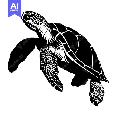 Black and White Silhouette of a Sea Turtle Swimming