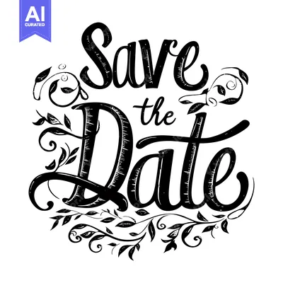 Aset premium populer: Hand-drawn black and white "Save the Date" inscription with floral acc