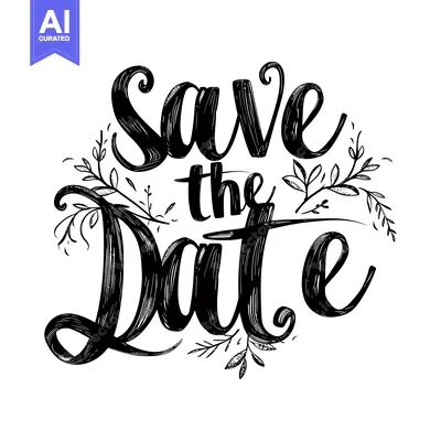 Premium design asset: Hand-drawn black and white "Save the Date" with floral embellishments