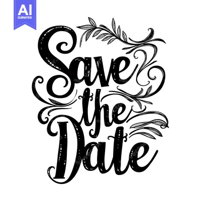 Aset desain premium: Hand-drawn calligraphy with floral elements spelling "Save the Date"