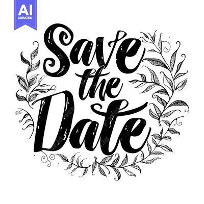Aset desain premium: Hand-Drawn Floral Wreath with "Save the Date" Text