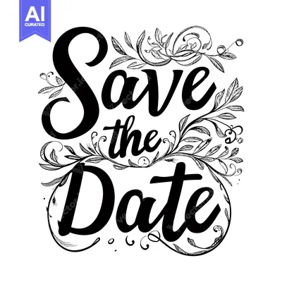 Aset desain premium: Black and white handwritten calligraphy "Save the Date" with floral em