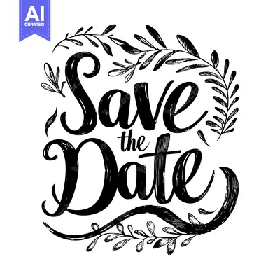 Aset desain premium: Hand-drawn calligraphy of "Save the Date" with floral embellishments