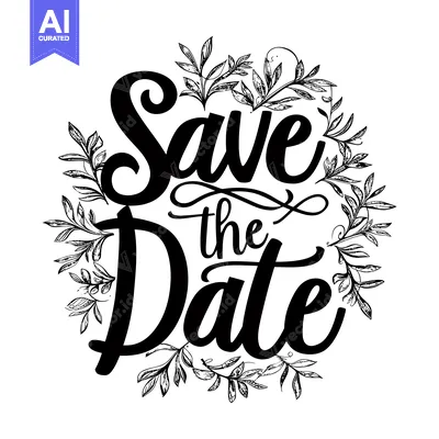 Premium design asset: Hand-drawn calligraphy of "Save the Date" surrounded by floral element