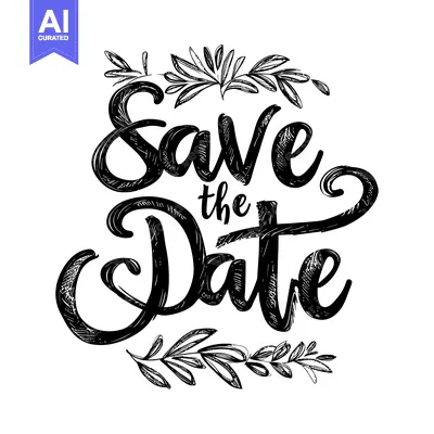 Aset desain premium: Hand-drawn "Save the Date" text with stylized floral elements