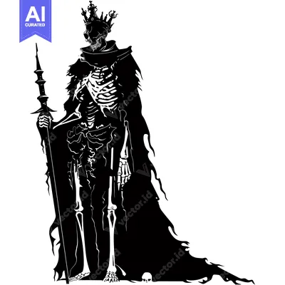 Aset desain premium: A Skeleton King in a Crown and Robe Holding a Spiked Staff
