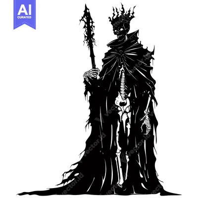 Aset desain premium: Skeleton King with Spiked Staff and Draped Cloak