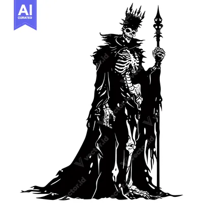 Aset premium populer: A skeletal figure in a long robe and a crown, holding a spear.