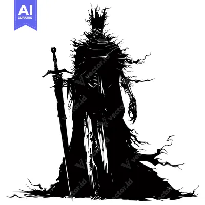 Premium design asset: Silhouette of a Skeletal Figure Wearing a Crown and Holding a Sword