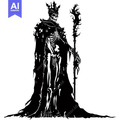 A skeletal figure wearing a crown and robe, holding a staff with a tho