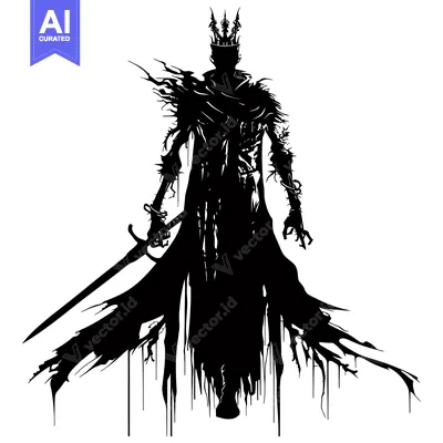 Aset premium populer: Silhouetted Figure in Crown, Holding a Sword, With Dripping Cloak