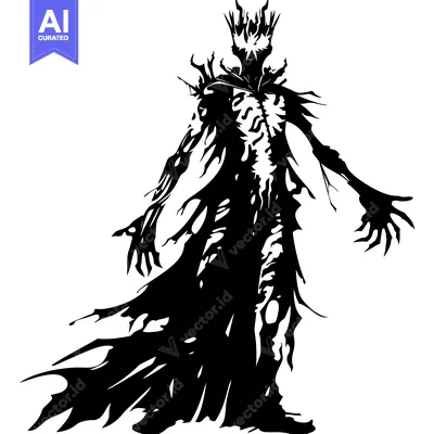 Aset desain premium: Silhouette of a Tall, Gnarled, and Skeletally-Thin Figure with a Crown