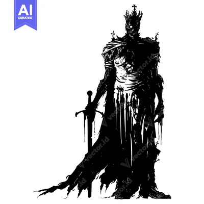 Aset premium populer: A Black and White Illustration of a Decaying King with a Sword