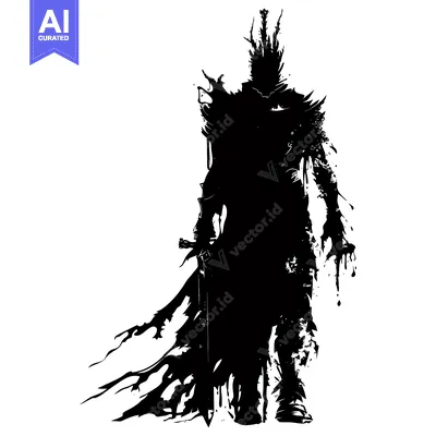 Aset desain premium: Silhouette of a Dark Knight with a Sword and a Bloodied Cloak