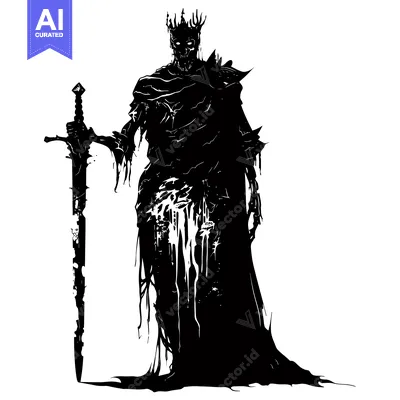 Aset desain premium: Black and White Silhouette of a Crowned Figure Holding a Sword