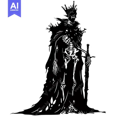 A Skeletal Figure In A Crown And Robe Holding A Sword