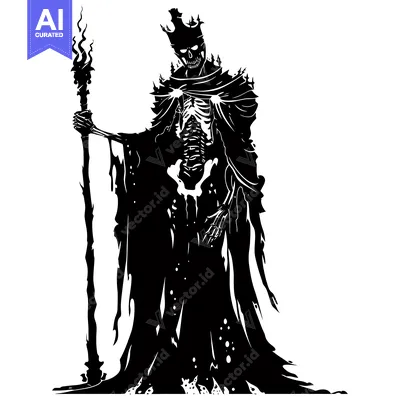 A skeletal figure wearing a crown and robe, holding a staff