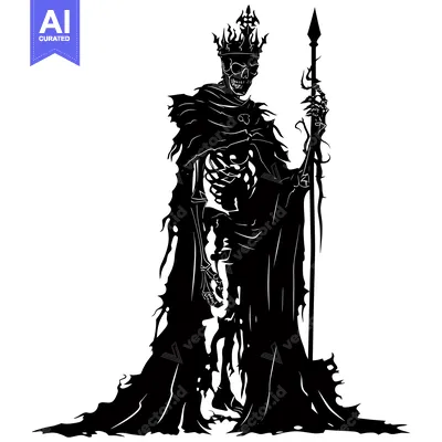 Aset desain premium: A Skeletal King in a Torn Robe Holds a Spear